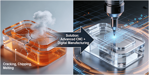 Diagram contrasting acrylic machining problems (cracking, melting) on the left with advanced CNC solutions (digital workflows, precision tools) on the right.