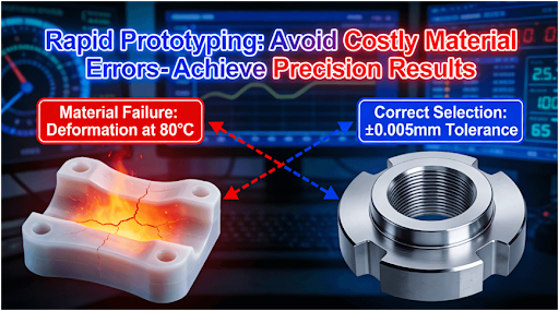 Comparative visualization of failed vs successful rapid prototyping outcomes due to material selection, showing plastic deformation versus precision metal parts in controlled environment.