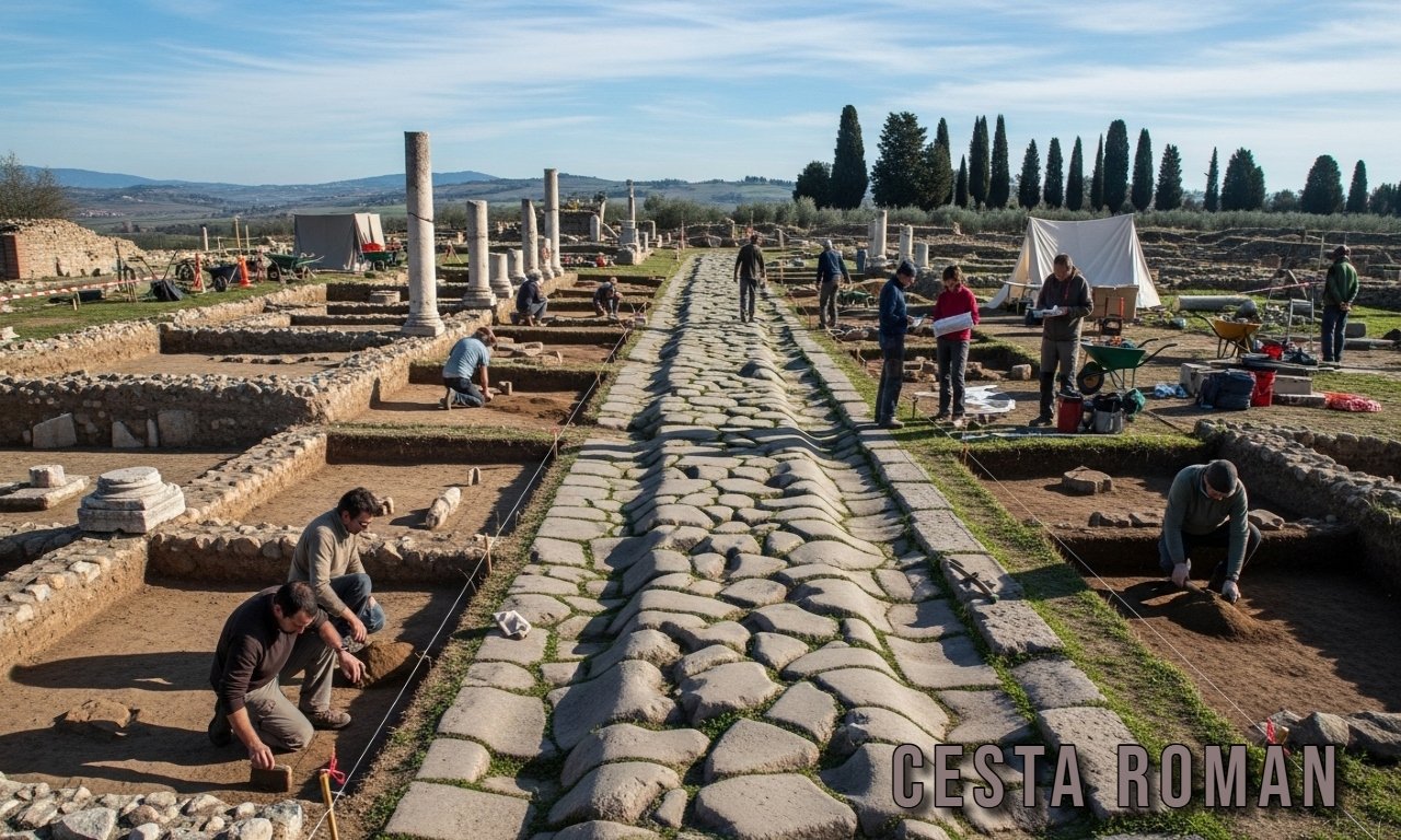 Ancient stone pathway of Cesta Roman winding through historic landscapes