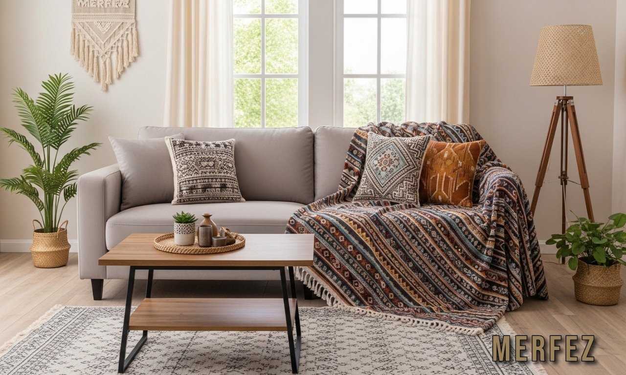 Merfez handcrafted textiles on a cozy living room sofa