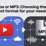 Illustration comparing YouTube or MP3 formats for music streaming and offline listening