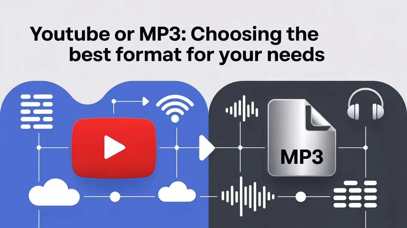Illustration comparing YouTube or MP3 formats for music streaming and offline listening