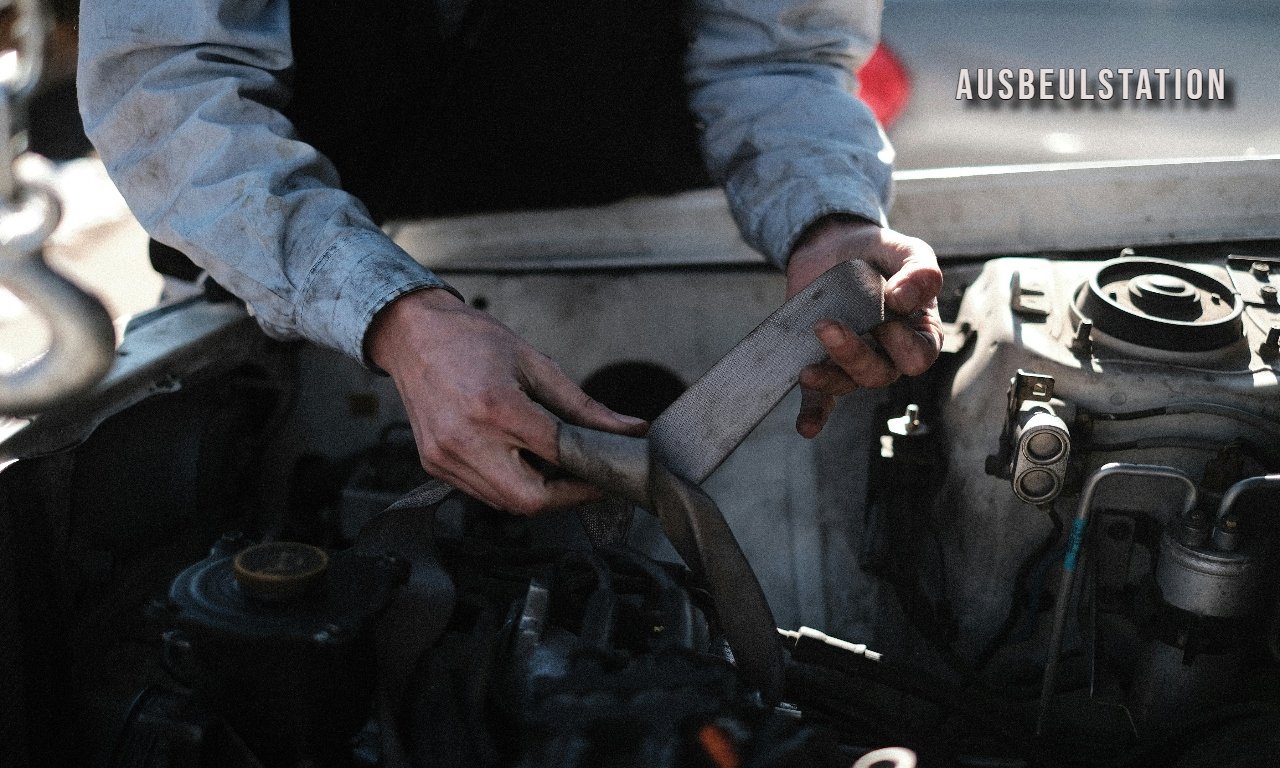 A modern ausbeulstation in an auto body shop with advanced dent repair tools, showing a technician fixing a car panel.