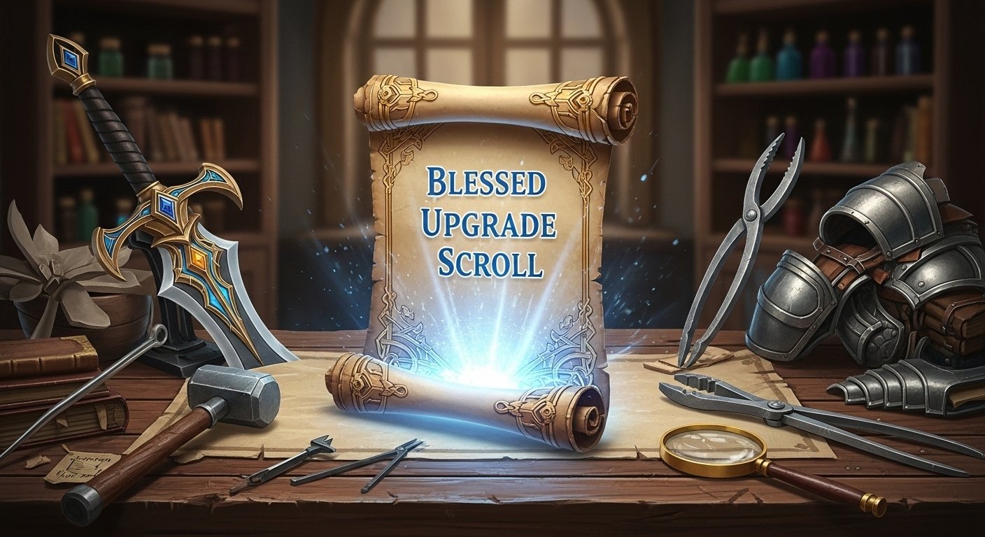blessed upgrade scroll being used to enhance weapon with glowing upgrade effects in a fantasy game