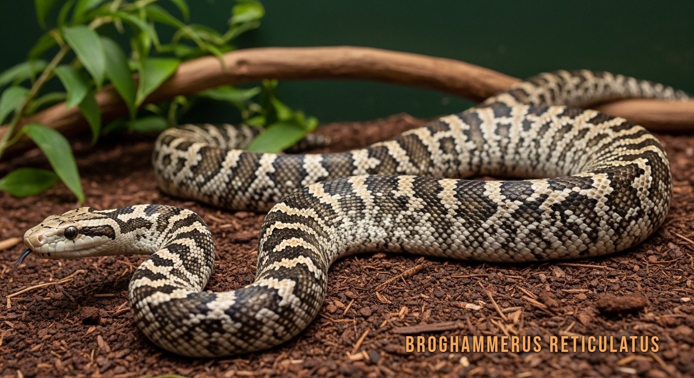 Reticulated python with intricate patterned scales resting in a tropical rainforest habitat near water