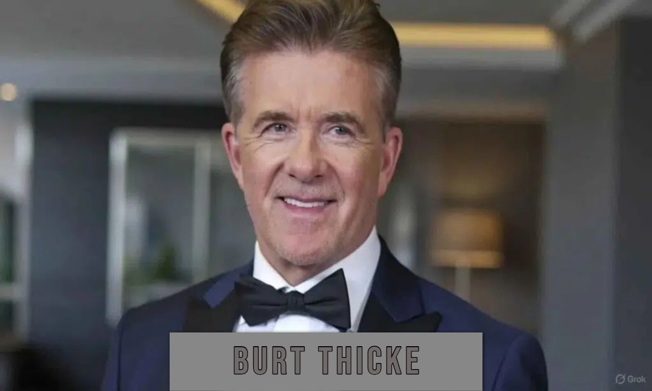 Vintage-style illustration of Burt Thicke as a fictional TV personality meme with retro television background