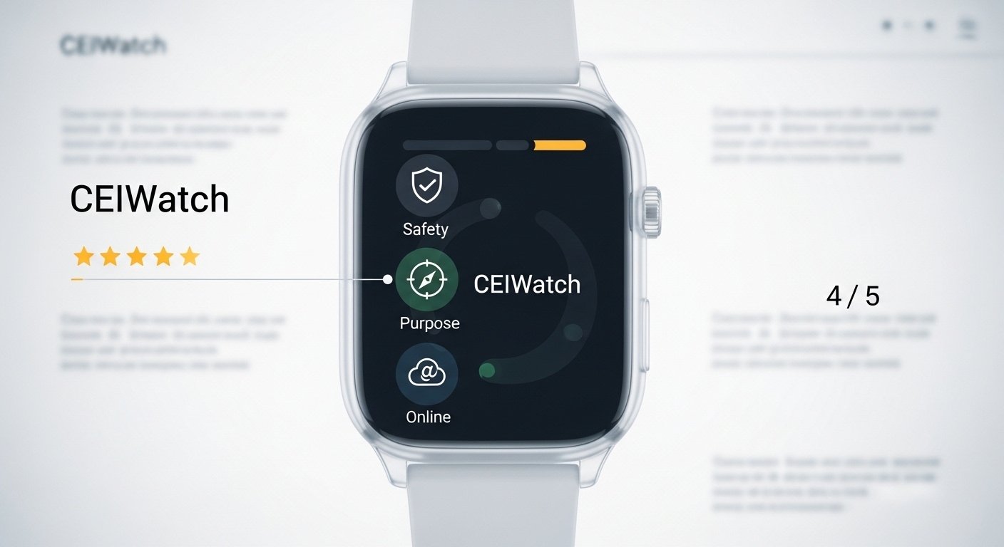 Screenshot of CEIWatch homepage with trust rating and safety indicators
