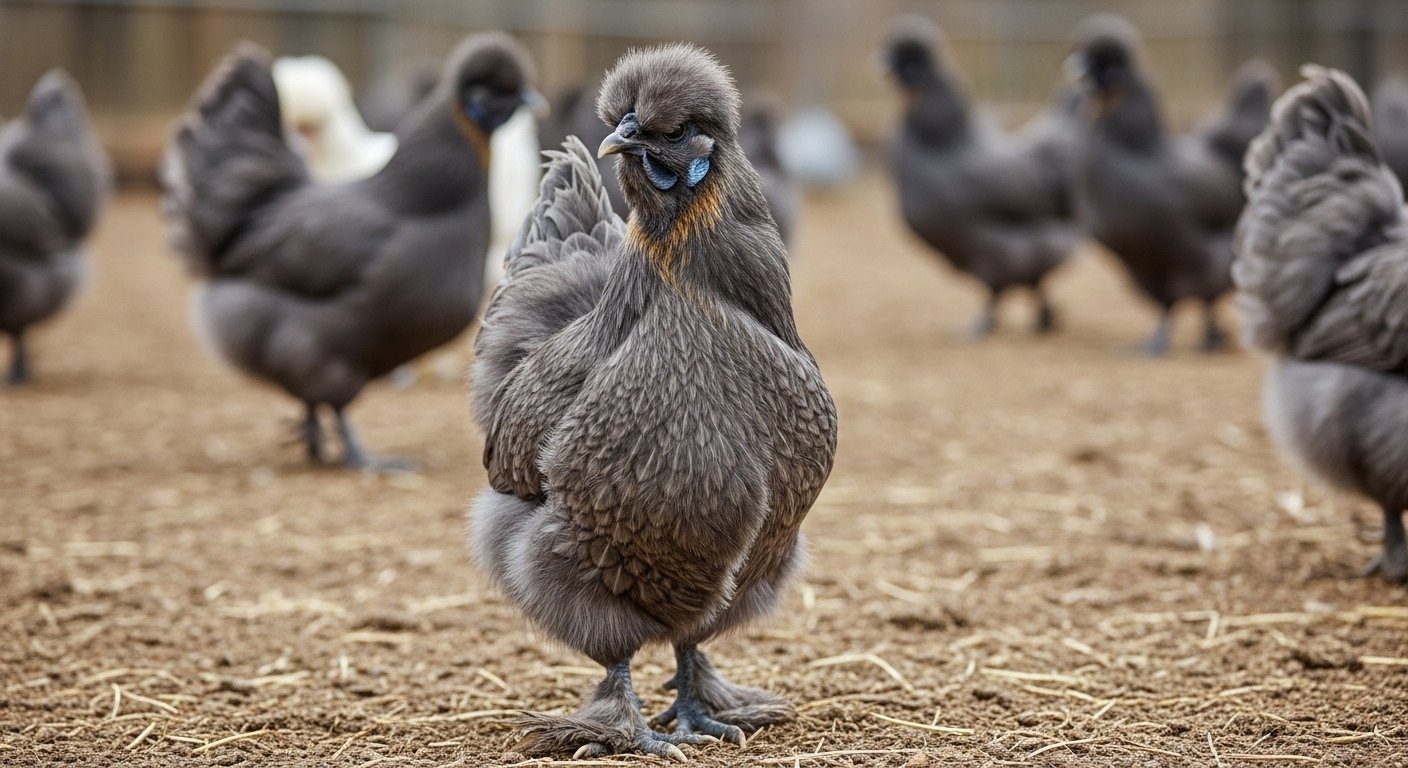 Fluffy fur hen Silkie chicken with soft feather coat standing in a backyard coop setting