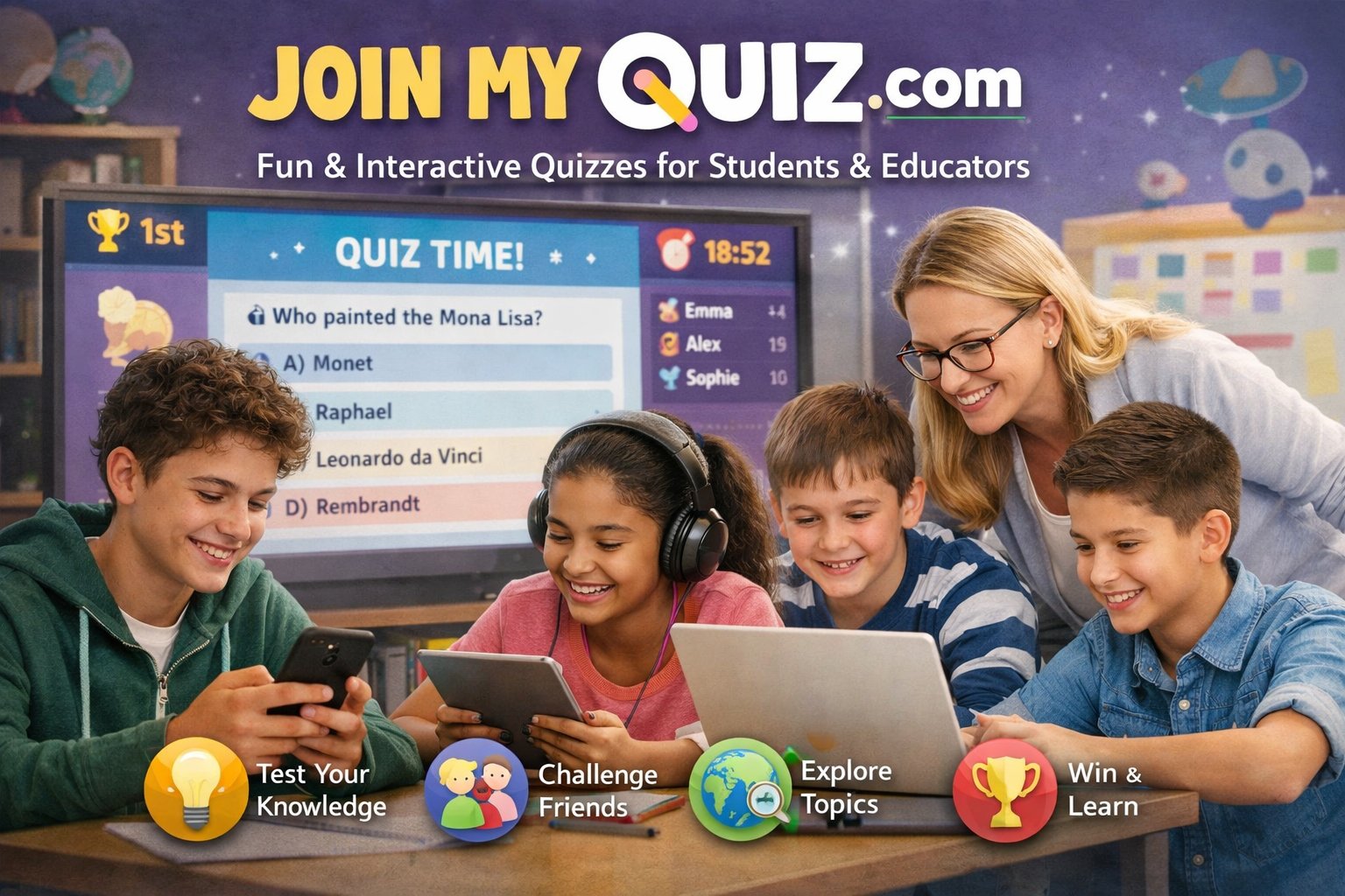 Students and educators engaging in interactive quizzes on Join My Quiz.com