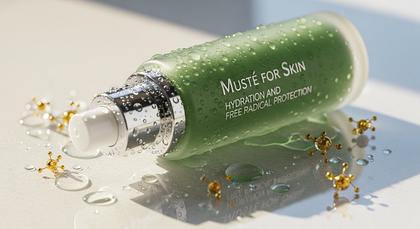 Natural musté plant and skincare products highlighting its antioxidant, hydrating, and skin-protecting benefits for healthy and radiant skin.