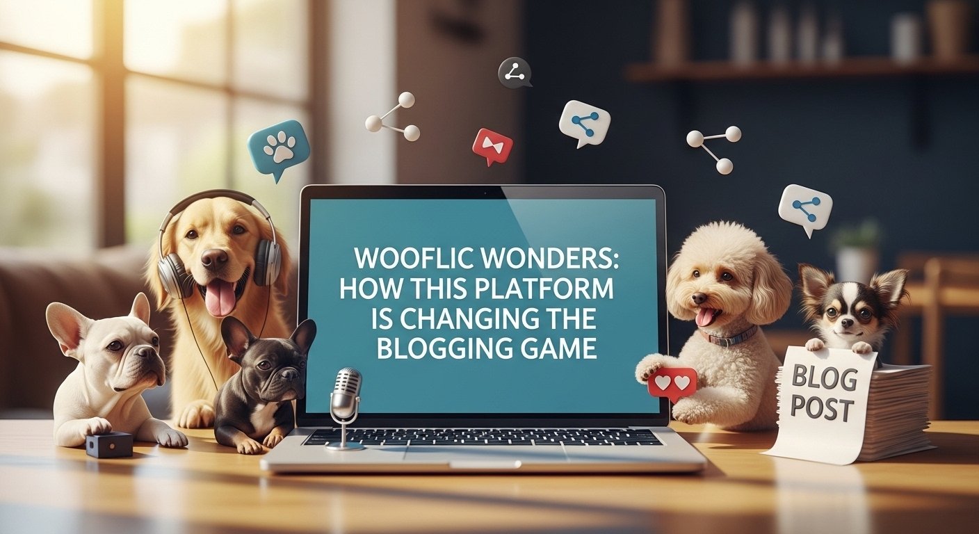 Illustration of the Wooflic blogging platform interface showing community posts, creative content sharing, and interactive features.